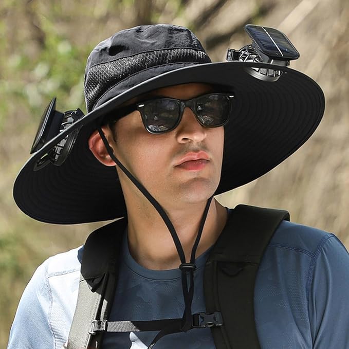 Fishing Hats for Men, Wide Brim Sun Hat with 2 Solar Fan, USB & Solar Powered Fishing Hats, Outdoor Solar Fan Hats & Beach Hat UPF 50+ (Black)