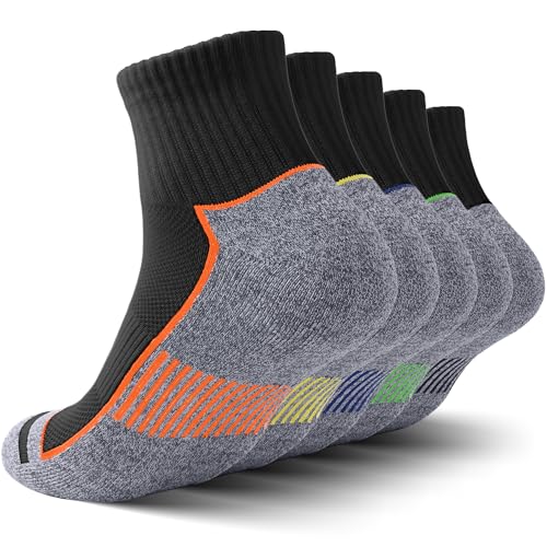 Men's Ankle Socks with Cushion - 5 Pairs, Black+Pink, Size 9-12