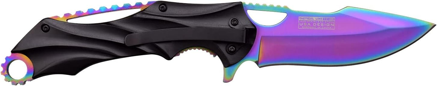 Tac-Force Folding Pocket Knife –Rainbow TiNite Coated Stainless Steel Blade and Liner with Black Aluminum Handle, Pocket Clip, Tactical, EDC, Rescue - TF-858RB