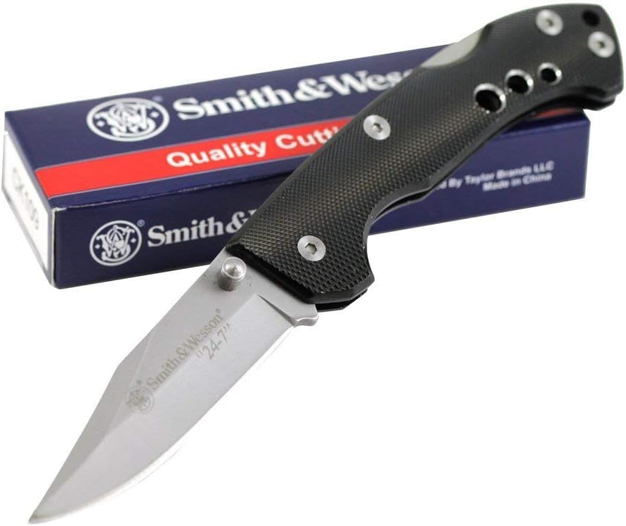 Smith & Wesson 24/7 CK109 7.4in High Carbon S.S. Folding Knife with 3in Clip Point Blade and Aluminum Handle for Outdoor, Tactical, Survival and EDC