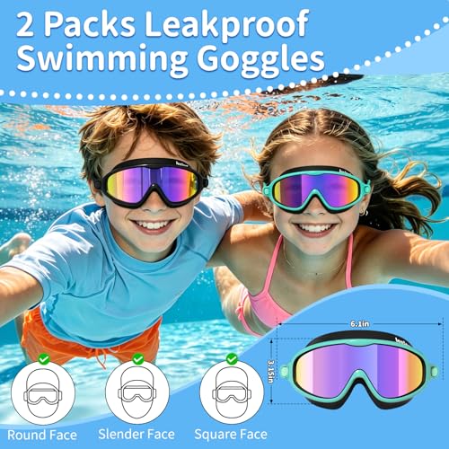 Kids Swim Goggles Anti-Fog UV Protection 2 Pack Cyan-Black & Purple-Black