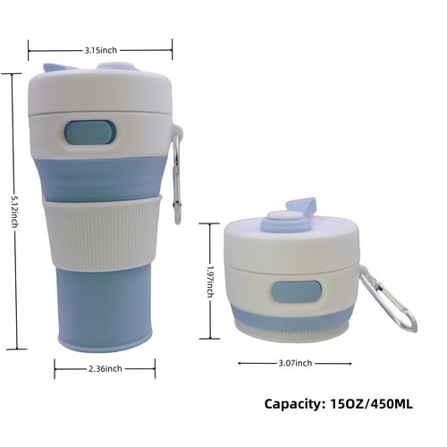 Blue 15OZ/450ML Silicone Foldable Travel Cup Car Coffee Cup Backpack with Lid Hot and Cold Coffee Cups with Straw Leak proof Reusable Suitable for Travel Camping Hiking Work Portable Coffee Cups
