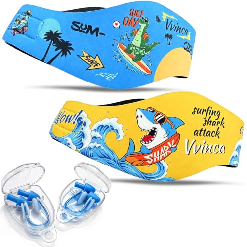 Kids Swim Headband with Earplugs and Nose Clip Set - Shark & Dinosaur Variation 05