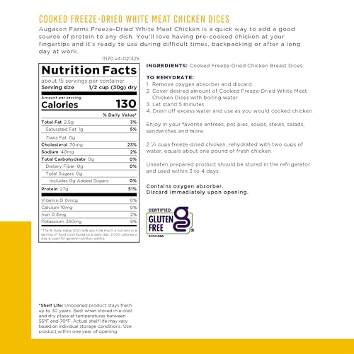 Augason Farms Cooked Freeze Dried White Meat Chicken Dices Can, Emergency Food Supply, Everyday Meals, 15 Servings