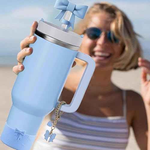 Stanley Cup Accessories Set,2Pcs Bow Straw Cover Caps Straw Toppers,1Pcs Cute Bow and Heart Handle Charm and 1Pcs Bow Silicone Boot for Stanley 30&40oz Tumbler (Blue)