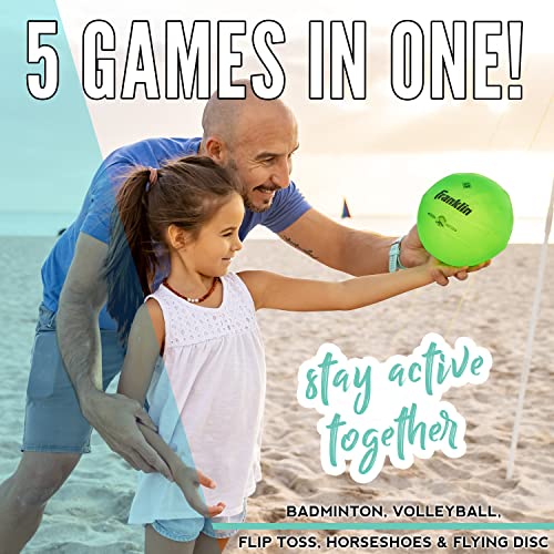 Franklin Sports Fun 5 Combo Outdoor Game Set - Backyard, Beach + Camping Games for Kids - Badminton, Volleyball, Flip Toss, Flying Disc - Horseshoes or Ring Toss