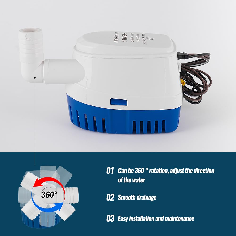 Automatic 12V 1100GPH Marine Bilge Pump with Built-in Float Switch – Auto On/Off Submersible Boat Water Pump, 1-1/8" (29mm) Outlet for Efficient Bilge Water Removal on Boats & Yachts