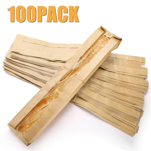 100 Pack Baguette Kraft Bags with Clear Window and Seal Stickers - 23x4x1.6 Inches