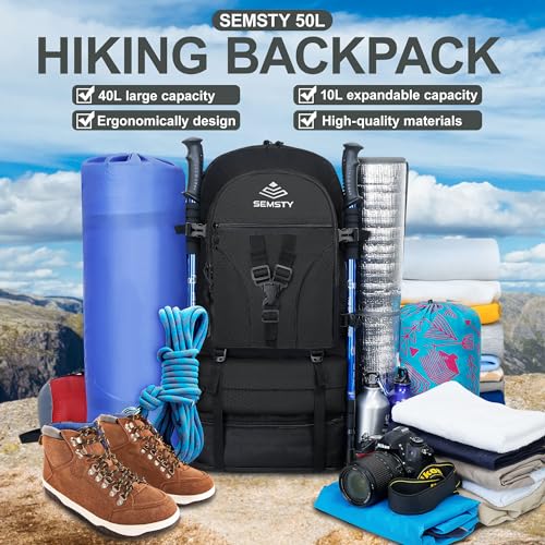 Expandable Hiking Backpack 40L/50L for Men and Women - Black, Variation of 40L+10L