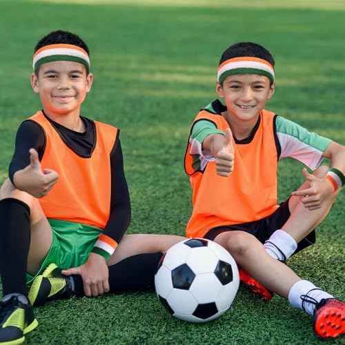 Bememo 6 Pcs Neon Sweatbands Set for Men Women 80s Tennis Striped Headband Sports Wristband Set Costumes Glow Cosplay Party