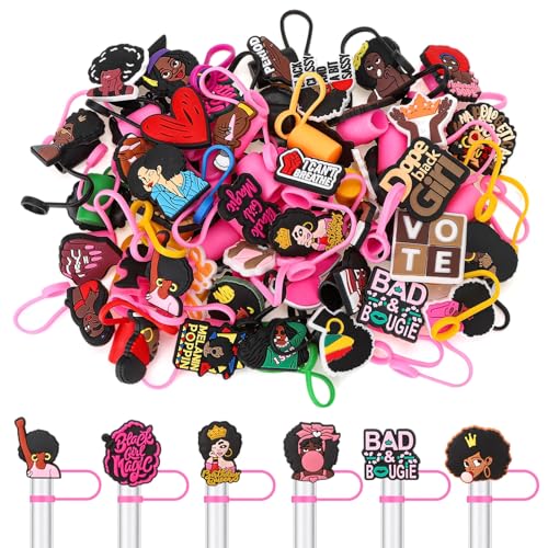 50 Pcs Pink Black Girl Straw Cover Caps Compatible with Stanley Cup, Silicone Cute Reusable Straw Toppers compatible with Stanley Cup Accessories 10mm