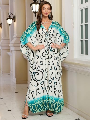 Plus Size Kaftan Dress for Women Abstract Pattern One Size African Moo Moo Batwing Beach Cover Up
