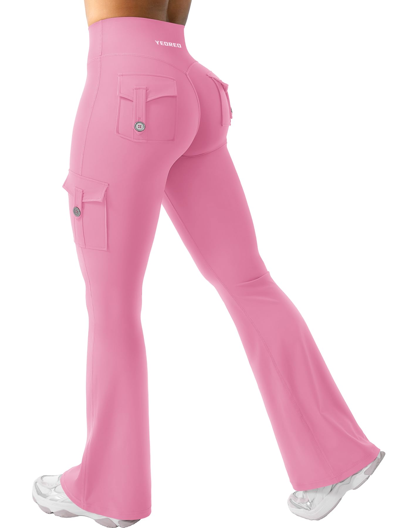 YEOREO CoreFlex Women Workout Flare Leggings with Pockets Hidden Scrunch High Waisted Cargo Gym Yoga Leggings Pink XXL