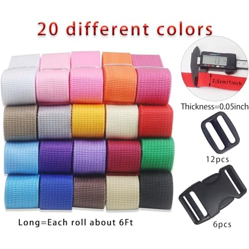 ZHFMILY 1 inch Light-Weight Webbing Straps with Quick Side Release Plastic Buckles for Indoor&Outdoor Gear, Pet Collars, DIY Projects, Crafts, Repairing (Mixed 40 Yards 195)