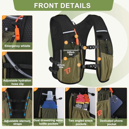 Olive Green 5L Running Vest Hydration Backpack for Men Women, Lightweight Marathon & Trail Pack