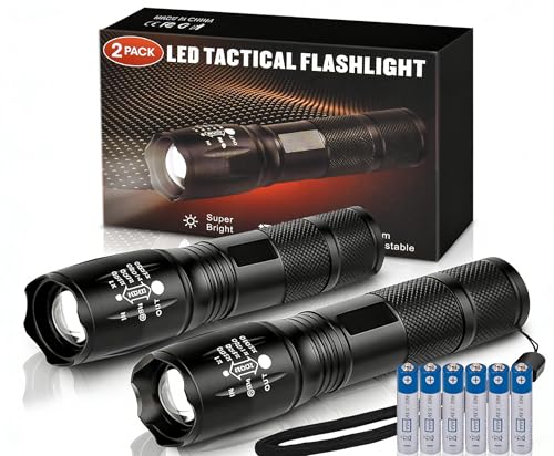 Black Zoomable LED Tactical Flashlight 5 Modes Bright Torch 2 Pack