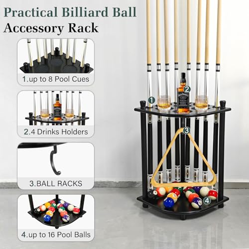 Black Floor Pool Stick Holder Rack for 8 Cues - Space Saving Corner Stand
