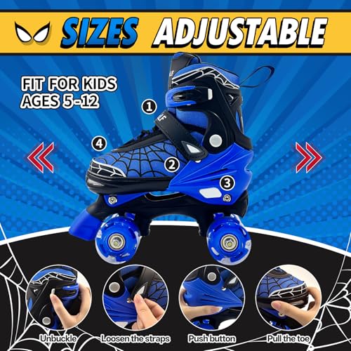 Kids Roller Skates for Ages 3-12 with Adjustable Sizes & Spider Web Design - Blue/Medium