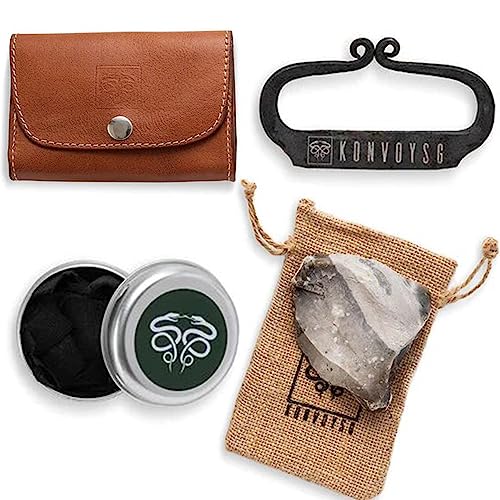 Hand-Forged Carbon Steel Fire Kit with English Flint - Coyote Brown Leather Pouch