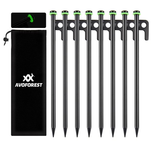 AVOFOREST 12Inch Heavy Duty Tent Stakes,8 PCS Tent Pegs Metal+Fluorescent Silicone Rings+ Storage Bag for Camping