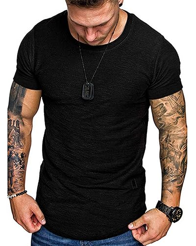 Men's Short Sleeve Muscle Gym T-Shirt - Large Black Athletic Cotton Top