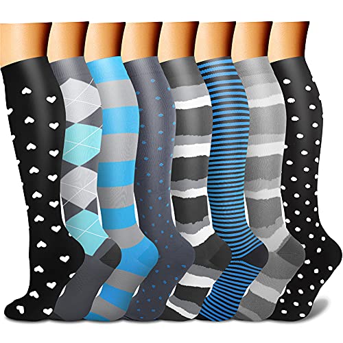 CHARMKING Compression Socks for Women & Men 8 Pairs 15-20 mmHg Athletic Support - Large-X-Large, Black & Blue