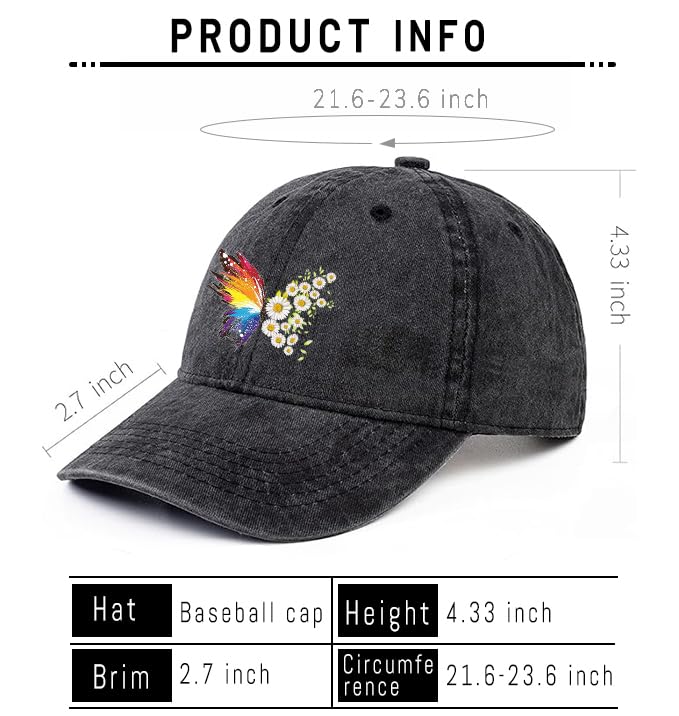 Negi Retro Denim Baseball Cap for Women Rainbow Butterfly Adjustable Dad Hat