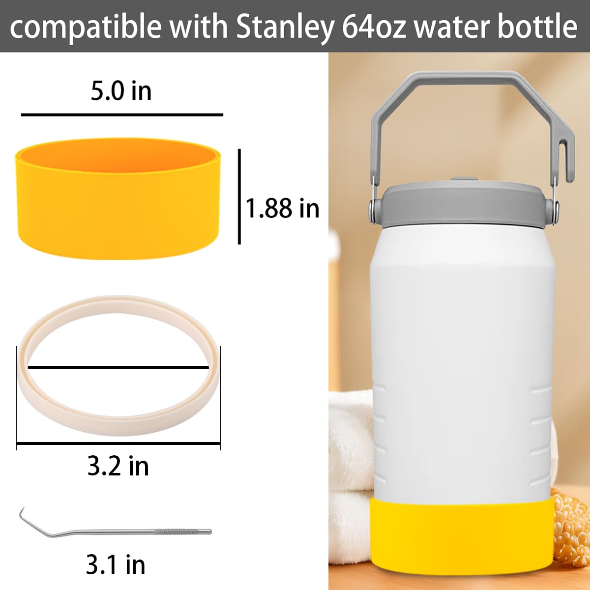 4-Piece Silicone Sleeve with Replacement Gasket for Stanley 64oz IceFlow Flip Top Tumbler, Silicone Sleeve Replacement Gasket for Stanley 64oz Water Bottle (4, Yellow Sky Blue)