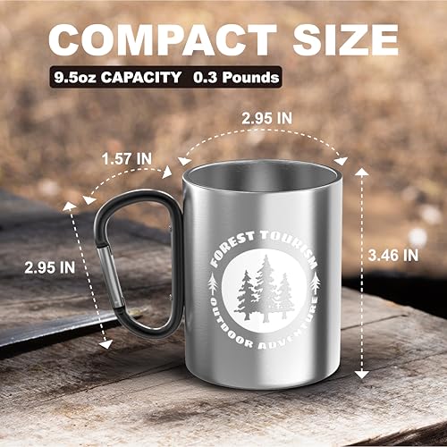 Glow-in-The-Dark Stainless Steel Camping Mug with Carabiner Handle | Double-Wall Vacuum Insulated, Compact & Lightweight 9.5oz Cup for Hiking, Backpacking