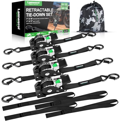 Retractable Ratchet Straps 1in x 10ft Black - 1650lb Break Strength, Auto-Rewind
