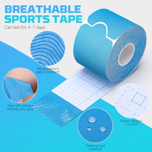 80 Strips Kinesiology Tape, 4 Rolls Precut Athletic Tape Elastic Waterproof Sports Tape 2 Inch x 16 Feet Body Tape with Scissors for Joint Support Muscle (Beige, Black, Blue, Pink)