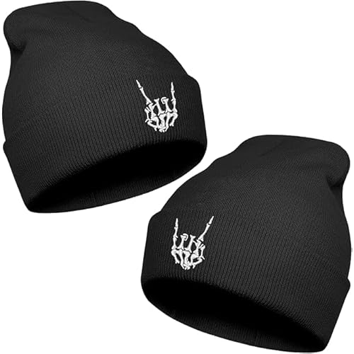 Pack of 2 Halloween Skull Goth Skeleton Hand Knit Beanie Cool Birthday Gifts for Men Women