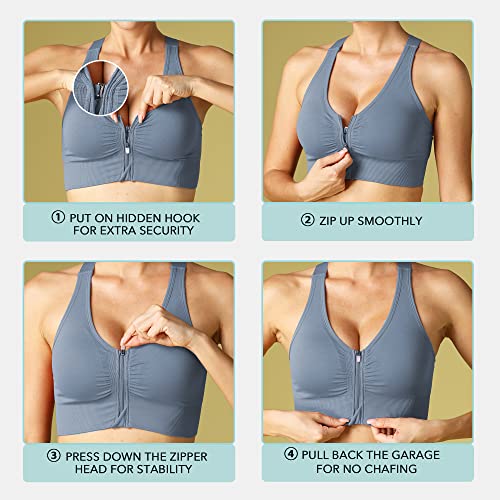 Women's Zip Front Post-Surgery Sports Bras Wireless Padded Mastectomy Bra 5 Pack - X-Large Black White Dusty Blue Purple Pink