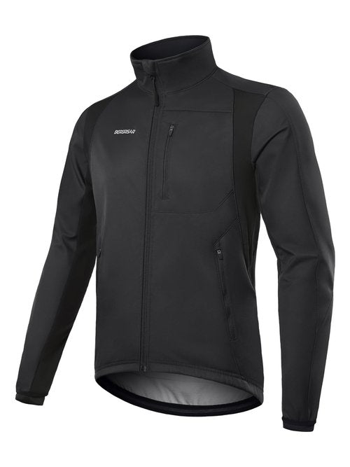 BERGRISAR Winter Cycling Jacket for Men with 6 Pockets Windproof Thermal Softshell Bike Jacket Running Windbreaker Black X-Large