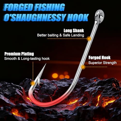 50pcs Saltwater Fishing Hooks - Forged Long Shank J Hooks Size 1/0-10/0, Extra Strong