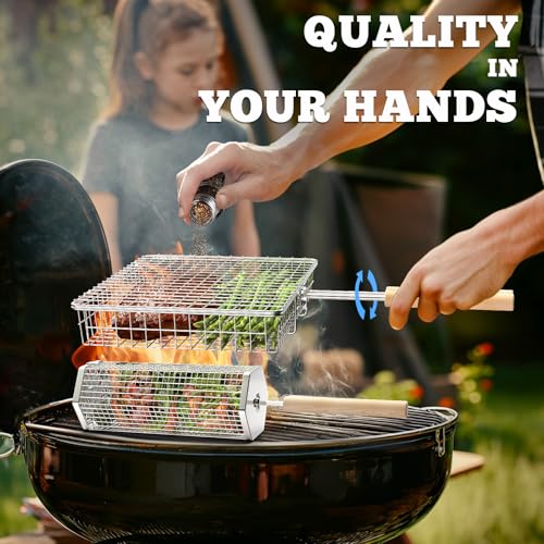 BBQ Grill Basket Set with Removable Wooden Handle, Stainless Steel Outdoor Cooking Accessories