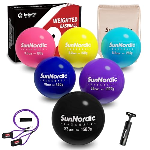 SunNordic Elite Size Weighted Baseball Set with Resistance Band - 6 Balls for Training