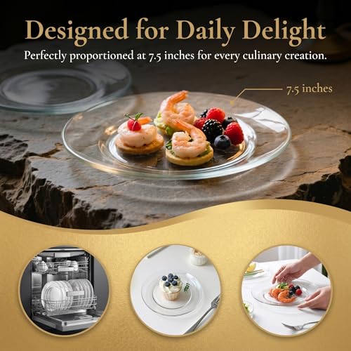 7.5 Inch Glass Dessert Plates - Pack of 8 Clear Salad & Snack Plates, Dishwasher Safe