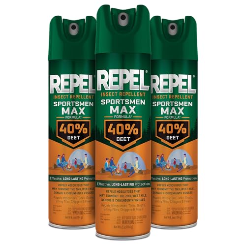Repel Insect Repellent Sportsmen Max Formula 40% DEET, 6.5 Ounces, Long-Lasting Aerosol Insect Repellent Spray Repels Mosquitoes, Ticks, Gnats, Biting Flies, Chiggers and Fleas, 3 Pack