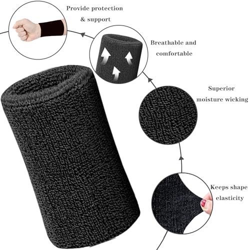 Sport Sweatbands for Men & Women 6 Inch Absorbent Cotton Wrist Bands - Black+White 4 Pack