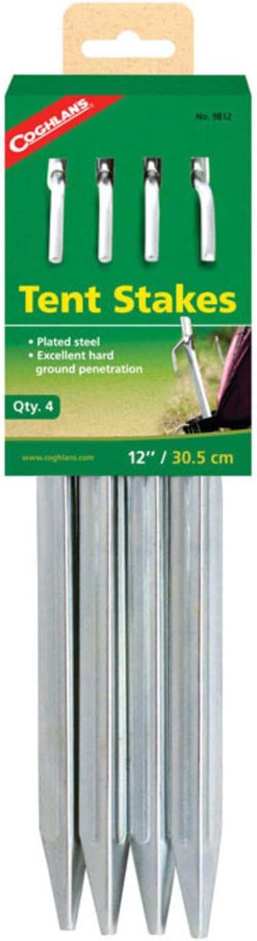 Coghlan's Heavy-Duty Steel Tent Stakes for Secure Camping, Galvanized Durable Outdoor Anchors, Ideal for Tents, Tarps, and Shelters in Hard or Soft Ground, 12" 4-Pack