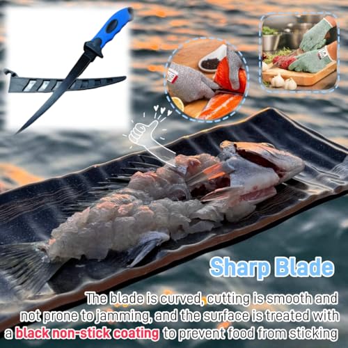 Fishing Knife Set 7PCS with Blue Variation, Fish Cleaning Kit, Fish Scale Brush, Gloves, Storage Bag