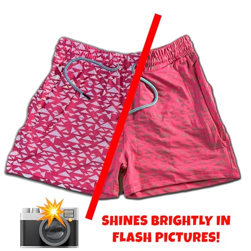 Mens Party Booty 4in Inseam Shorts, Zippered Pockets, Rave & Festival Shorts LGBTQ, Gay Weekender - UV Pink Neon Reflective Triangles, XL