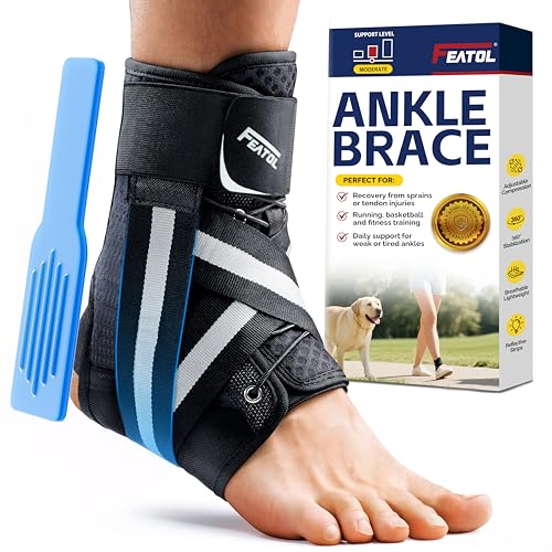 FEATOL Ankle Brace for Sprained Ankle, Adjustable & Comfortable Lace Up Support Stabilizer for Women Men with 2 Removable Side Splints, Protection for Sports, Running & Recovery Medium(11.8''-13'')