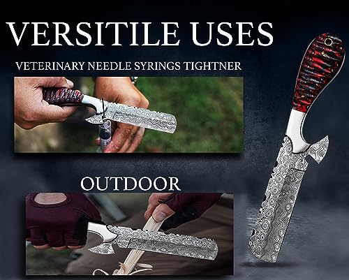 8-Inch Handmade Damascus Bull Cutter Knife with Leather Sheath - Red Cowboy Knife for Hunting & Outdoor Use