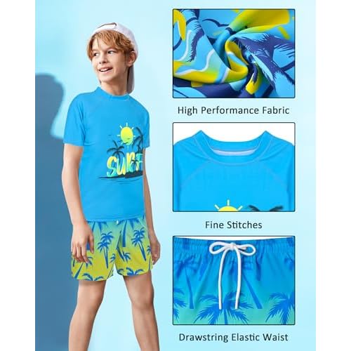 Boys Two Piece Rash Guard Swimsuits Sets Kids Short Sleeve Swim Shirts Bathing Suit with Swim Trunks Swimwear Set