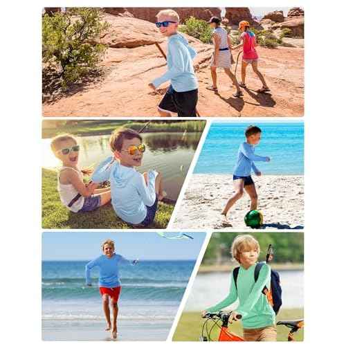 Boys Rash Guard Hoodie, Kids Long Sleeve Sun Protection Hooded Shirts Youth UPF50+ Swim Fishing Water Shirt with Pocket