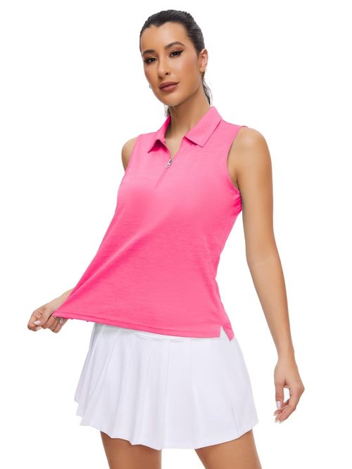 Pdbokew Women's Polo Shirts Quarter-Zip Golf Shirts Sleeveless Tops Hot Pink Large