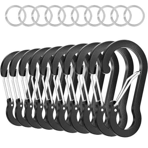 sprookber 3.2 Inch Aluminum Carabiner Clips D Ring, Caribeaner Spring Snap Hook with Keychain for Camping, Hiking, Gym & Outdoor Gear, Set of 10