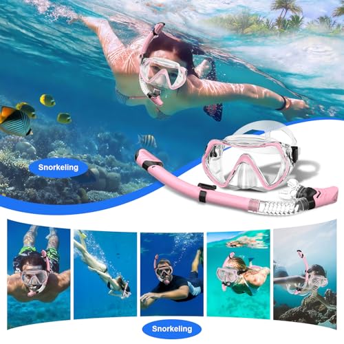 Adult Pink Snorkeling Mask Set with Dry Anti-Fog Snorkel - Impact-Resistant, Panoramic View